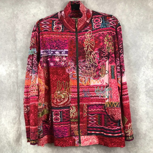 Spa by Chico's Jacket Womens 2 Large Full Zip Art To Wear Abstract Pink Colorful - Picture 1 of 12